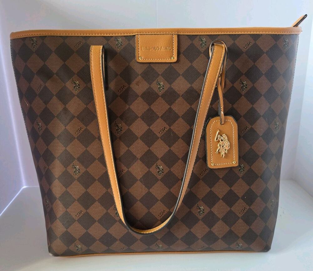 US Polo Assn. Brown Diamond Checkered Tote Bag, Large